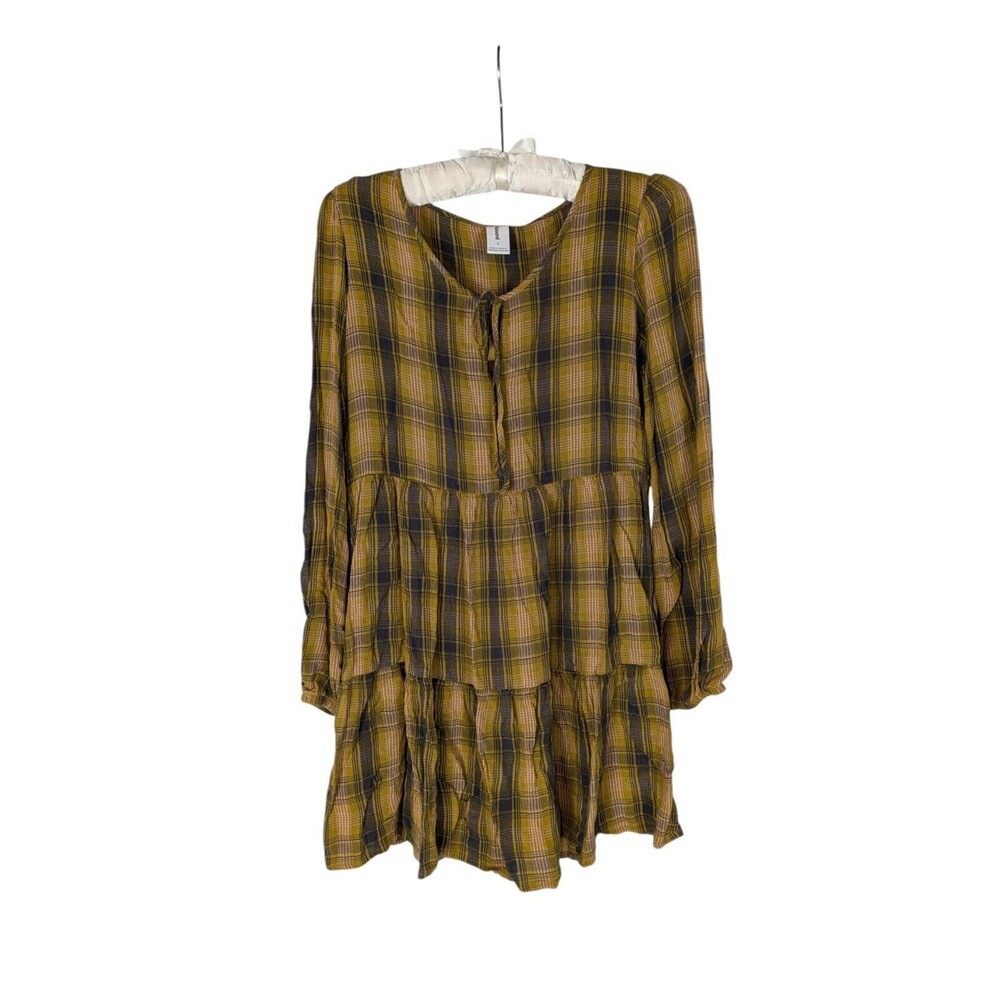 Abound Dress S Women's Plaid Tie Neck Plaid Long Sleeve Tiered Babydoll Flowy